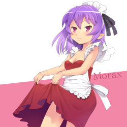 Rule 34 | 1girl, breasts, character name, cleavage, clothes lift, dress, dress lift, maid, medium breasts, meow (nekodenki), original, pointy ears, purple eyes, purple hair, solo