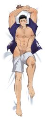 Rule 34 | 1boy, abs, ao isami, arms up, bare pectorals, bed sheet, black hair, clothes pull, dakimakura (medium), facial hair, from above, full body, highres, large pectorals, looking at viewer, lying, male focus, muscular, muscular male, navel, nipples, official alternate costume, on back, open clothes, open shirt, pectorals, shaved body, shorts, shorts pull, sideburns stubble, sokkong (sokkongs2), solo, stomach, stubble, thick eyebrows, tsurime, yuuki bakuhatsu bang bravern