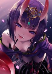 Rule 34 | 1girl, :d, alcohol, bare shoulders, black thighhighs, blunt bangs, blush, breasts, cup, fangs, fate/grand order, fate (series), foreshortening, fukai ryosuke, gem, half-closed eyes, head tilt, headpiece, holding, holding cup, horns, japanese clothes, kimono, looking at viewer, off shoulder, open clothes, open kimono, open mouth, petals, purple eyes, purple hair, purple kimono, ripples, sakazuki, sake, short hair, shuten douji (fate), signature, skin-covered horns, small breasts, smile, solo, standing, standing on liquid, thighhighs, thighs, tongue, tongue out