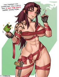 Rule 34 | 1girl, abs, areola slip, black gloves, black lagoon, breasts, brown hair, cheekie, christmas, cigarette, commentary, condom, covered erect nipples, english commentary, english text, fingerless gloves, gloves, gluteal fold, gun, handgun, holding, holding condom, large breasts, long hair, merry christmas, mistletoe, naked ribbon, navel, nude, ponytail, red ribbon, revy (black lagoon), ribbon, shoulder tattoo, smoking, solo, standing, tattoo, thick thighs, thighs, tribal tattoo, underboob, weapon