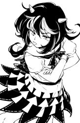 Rule 34 | 1girl, black hair, bracelet, commentary request, cone horns, crossed arms, dress, greyscale, horns, jewelry, kijin seija, maguro (mawaru sushi), monochrome, multicolored hair, sailor collar, simple background, solo, streaked hair, tongue, tongue out, touhou, upper body, white background, white dress