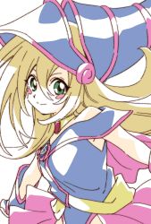 Rule 34 | 1girl, blonde hair, dark magician girl, duel monster, green eyes, hat, highres, long hair, looking at viewer, namori, simple background, smile, solo, white background, yu-gi-oh!
