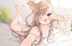 Rule 34 | 1girl, ;o, animal ear fluff, animal ears, bad id, bad pixiv id, bare arms, bare legs, bare shoulders, barefoot, bed sheet, blush, breasts, brown hair, camisole, cat ears, cat girl, cat tail, clock, commentary request, downblouse, fang, grey camisole, grey panties, legs up, leo (mafuyu), long hair, lying, mafuyu (chibi21), multicolored hair, no bra, on stomach, one eye closed, open mouth, original, outstretched arm, panties, pillow, purple eyes, purple hair, reaching, reaching towards viewer, small breasts, soles, solo, strap slip, streaked hair, striped clothes, striped panties, stuffed animal, stuffed cat, stuffed toy, tail, the pose, underwear, very long hair, waking up, yawning