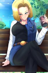 Rule 34 | 1girl, absurdres, android 18, axasempai, belt, bench, blonde hair, blue eyes, blue sky, bob cut, breasts, can, collarbone, crossed legs, day, denim, denim jacket, dragon ball, dragonball z, facing viewer, highres, holding, holding can, jacket, large breasts, looking at viewer, pantyhose, park bench, short hair, sitting, sky, sleeveless, sleeveless jacket, smile, solo, tank top, watermark