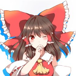 1girl ascot blouse blush bow brown_hair commentary_request detached_sleeves female_focus finger_to_mouth hair_bow hair_ribbon hair_tubes hakurei_reimu head_tilt huge_bow large_bow long_hair looking_at_viewer one_eye_closed red_eyes ribbon shirt solo touhou yellow_ascot yururi_nano