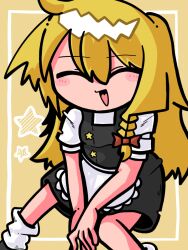 Rule 34 | 1girl, apron, black skirt, black vest, blonde hair, blush, bow, braid, breasts, closed eyes, cookie (touhou), feet out of frame, frilled apron, frills, hair bow, highres, kirisame marisa, long hair, no headwear, open mouth, red bow, shirt, short sleeves, simple background, single braid, sitting, skirt, skirt set, small breasts, smile, socks, solo, star (symbol), suzu (cookie), sznkrs, touhou, vest, waist apron, white apron, white shirt, white socks, yellow background