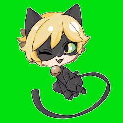 Rule 34 | 1boy, :3, ;d, adrien agreste, animal ears, bell, black bodysuit, blonde hair, bodysuit, cat boy, cat ears, chat noir, chibi, colored sclera, domino mask, fang, green background, green sclera, highres, male focus, mask, miraculous ladybug, one eye closed, open mouth, simple background, smile, superhero costume, tail, uryufu, yellow eyes