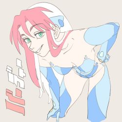 Rule 34 | 1girl, birdy cephon altera, blue leotard, breasts, dyed bangs, elbow gloves, gloves, green eyes, grin, hand on own hip, hand on own leg, hand on own thigh, hand to own mouth, leaning forward, leotard, long hair, looking at viewer, medium breasts, multicolored hair, pink hair, red hair, seductive smile, simple background, smile, solo, tetsuwan birdy, thighhighs, two-tone hair, white hair, zubuzubu (gogo zubu)