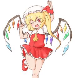 Rule 34 | 1girl, ;d, ascot, blonde hair, clenched hands, commentary request, crystal, fang, flandre scarlet, hat, hat ribbon, leg up, looking at viewer, mizusoba, mob cap, one eye closed, one side up, open mouth, red eyes, red footwear, red ribbon, red skirt, red vest, ribbon, shirt, short sleeves, simple background, single wrist cuff, skin fang, skirt, smile, socks, solo, touhou, vest, white background, white hat, white shirt, white socks, wings, wrist cuffs, yellow ascot