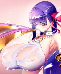 Rule 34 | 1girl, aka syakkou, arched back, blunt bangs, blush, breasts, choker, commentary request, detached sleeves, eyelashes, eyes visible through hair, fate/extra, fate/extra ccc, fate/grand order, fate (series), hair over eyes, hair ribbon, highres, huge breasts, long hair, looking at viewer, mouth hold, navel, o-ring, o-ring top, passionlip (fate), passionlip (third ascension) (fate), pink background, pink ribbon, purple hair, ribbon, see-through, sideboob, simple background, single sidelock, solo, sweatdrop, upper body, wet, wet clothes