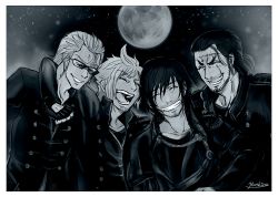 Rule 34 | 10s, 4boys, arm around shoulder, beard, blue theme, facial hair, final fantasy, final fantasy xv, full moon, gladiolus amicitia, greyscale, hashira w, ignis scientia, laughing, male focus, monochrome, moon, multiple boys, noctis lucis caelum, aged up, photo (object), prompto argentum, spoilers