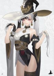 Rule 34 | 1girl, absurdres, asymmetrical sleeves, black bow, black hair, black hat, black kimono, black nails, black sleeves, black thighhighs, bow, closed mouth, clothing request, commentary, cowboy shot, daeho cha, dated commentary, detached sleeves, earrings, english commentary, fingernails, gold trim, hair bow, hat, highres, holding, holding own hair, japanese clothes, jewelry, kimono, leotard, long hair, mismatched sleeves, multicolored clothes, multicolored hair, multicolored hat, multicolored kimono, multicolored nails, nail polish, obi, original, red eyes, sash, short kimono, single thighhigh, smile, solo, swept bangs, tassel, thighhighs, twintails, very long hair, white background, white bow, white hair, white hat, white kimono, white leotard, white nails, white sleeves, wide sleeves, witch hat
