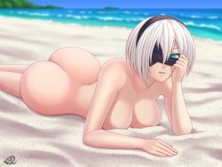 Rule 34 | 1girl, android, ass, barefoot, beach, blindfold, blue eyes, breasts, curvy, highleg, highleg swimsuit, looking at viewer, lying, nier (series), nier:automata, nude, ocean, rocky-ace, sand, short hair, sky, solo, swimsuit, white hair, 2b (nier:automata)