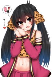 Rule 34 | 1girl, :d, animal print, bad id, bad pixiv id, bare shoulders, black hair, blush, brown eyes, camisole, collarbone, commentary request, cosmetics, hair between eyes, hair ribbon, head tilt, heart, heart necklace, highres, idolmaster, idolmaster cinderella girls, jacket, jewelry, leopard print, lipstick, lipstick tube, long hair, looking at viewer, makeup, matoba risa, midriff, navel, necklace, off shoulder, open mouth, own hands clasped, own hands together, pink jacket, pink skirt, pleated skirt, print camisole, print ribbon, ribbon, ricroot, simple background, skirt, smile, solo, spoken object, translation request, twintails, very long hair, white background