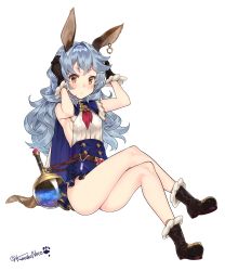 Rule 34 | 10s, 1girl, absurdres, animal ears, bad id, bad pixiv id, bare legs, black gloves, blue hair, blush, boots, bottle, breasts, brown eyes, cape, crossed legs, earrings, erune, ferry (granblue fantasy), full body, gloves, granblue fantasy, highres, hoop earrings, jewelry, kuro chairo no neko, long hair, looking at viewer, rabbit ears, sideboob, simple background, single earring, sitting, skirt, small breasts, solo, wavy hair, white background