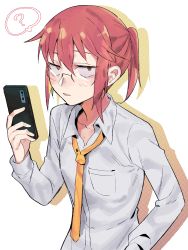Rule 34 | 1girl, ?, absurdres, breast pocket, cellphone, collarbone, collared shirt, commentary, expressionless, glasses, halftone, halftone background, highres, holding, holding phone, kobayashi-san chi no maidragon, kobayashi (maidragon), long hair, long sleeves, looking at viewer, necktie, open collar, parted lips, phone, pocket, ponytail, red eyes, red hair, shadow, shirt, smartphone, solo, spoken question mark, takao (88499191), upper body, white background, white shirt, yellow necktie