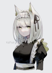 Rule 34 | 1girl, absurdres, alternate costume, animal ears, apron, arknights, black dress, black ribbon, breasts, cat ears, character name, closed mouth, collared dress, commentary, cropped torso, dress, enmaided, expressionless, green eyes, grey background, hair intakes, hair ribbon, highres, kal&#039;tsit (arknights), long sleeves, looking at viewer, maid, maid apron, maid headdress, medium breasts, medium hair, miike (992058), puffy long sleeves, puffy sleeves, ribbon, silver hair, simple background, solo, upper body, wing collar