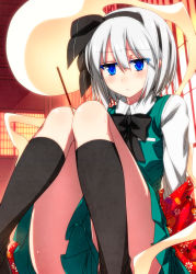 Rule 34 | 1girl, between legs, black bow, black bowtie, black hairband, black ribbon, black socks, blue eyes, blush, bow, bowtie, closed mouth, colored eyelashes, commentary request, feet out of frame, food, frown, ghost, green skirt, green vest, hair between eyes, hair ribbon, hairband, highres, hitodama, indoors, kneehighs, knees together feet apart, konpaku youmu, konpaku youmu (ghost), long sleeves, looking at viewer, miniskirt, pleated skirt, pocky, pocky day, ribbon, sad, sazanami mio, shirt, short hair, sidelocks, silver hair, sitting, skirt, skirt set, socks, solo, sweat, thighs, touhou, vest, white shirt