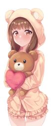 Rule 34 | 1girl, absurdres, alternate costume, animal ears, animal hood, bear ears, bear hood, blush, brown eyes, brown hair, brown shorts, cowboy shot, fake animal ears, frilled hoodie, frilled shorts, frills, heart, highres, holding, holding stuffed toy, hood, hugging doll, hugging object, iino miko, kaguya-sama wa kokurasetai ~tensai-tachi no renai zunousen~, linatai, long hair, long sleeves, shorts, simple background, solo, stuffed animal, stuffed toy, teddy bear