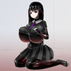 Rule 34 | black hair, black skirt, bodysuit, breasts, keteru yamiko, large breasts, red eyes, scp-835-jp, scp foundation, skirt, thick thighs, thighs, yandere