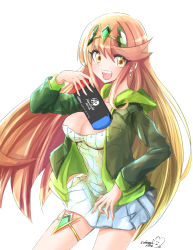 Rule 34 | alternate costume, blonde hair, breasts, cleavage, game console, handheld game console, headpiece, highres, holding, holding handheld game console, large breasts, long hair, mythra (xenoblade), nintendo switch, simple background, sofusan1526, swept bangs, tiara, very long hair, white background, xenoblade chronicles (series), xenoblade chronicles 2, yellow eyes