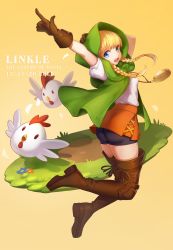 Rule 34 | 1girl, artist name, ass, bike shorts, bird, blonde hair, blue eyes, boots, braid, brown footwear, brown gloves, brown thighhighs, character name, chicken, copyright name, cucco, dated, full body, gloves, highres, hood, hyrule warriors, leather, leather boots, linkle, long hair, nintendo, open mouth, ruru (lulubuu), skirt, solo, the legend of zelda, thigh boots, thighhighs, twin braids, yellow background