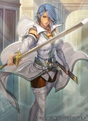Rule 34 | 1girl, blue eyes, blue hair, boots, breasts, cleavage, copyright name, fingerless gloves, fire emblem, fire emblem: radiant dawn, fire emblem cipher, gloves, hair over one eye, holding, holding sword, holding weapon, homare (fool&#039;s art), jewelry, large breasts, lucia (fire emblem), matching hair/eyes, necklace, nintendo, official art, pantyhose, short hair, solo, sword, thigh boots, thighhighs, weapon, white footwear, white thighhighs