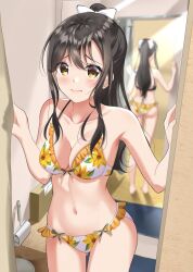 Rule 34 | 1girl, absurdres, back, bikini, blush, bow, breasts, brown hair, cleavage, closed mouth, collarbone, commentary, cowboy shot, curtain grab, curtains, embarrassed, fitting room, floral print, frilled bikini, frills, hair bow, hair over breasts, highres, hominotsu, long hair, looking at viewer, medium breasts, mirror, navel, original, ponytail, reflection, smile, solo, standing, swimsuit, trying on clothes, yellow eyes