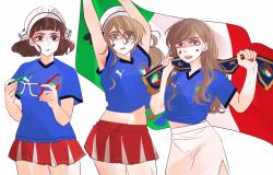 Rule 34 | anno88888, bad id, bad twitter id, blonde hair, blunt bangs, brown eyes, brown hair, commentary, cowboy shot, glasses, highres, italian flag, kantai collection, littorio (kancolle), long hair, miniskirt, multiple girls, roma (kancolle), scarf, shirt, skirt, soccer, soccer uniform, sportswear, tied shirt, wavy hair, world cup, zara (kancolle)