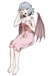 Rule 34 | 1girl, barefoot, blue hair, commentary request, cup, fangs, feet, flat chest, full body, highres, holding, holding cup, invisible chair, medium hair, nightgown, one eye closed, open mouth, pink nightgown, red eyes, remilia scarlet, rubbing eyes, sitting, slit pupils, solo, teacup, toes, touhou, youpofen