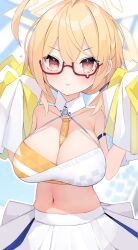 Rule 34 | 1girl, blonde hair, blue archive, blue skirt, breasts, cheerleader, cisyo, cleavage, commentary request, glasses, halo, highres, holding, holding pom poms, kotori (blue archive), kotori (cheer squad) (blue archive), large breasts, long hair, looking at viewer, midriff, millennium cheerleader outfit (blue archive), navel, official alternate costume, official alternate hairstyle, pom pom (cheerleading), pom poms, red-framed eyewear, short hair, skirt, solo, triangle halo, two-tone skirt, white skirt, yellow halo