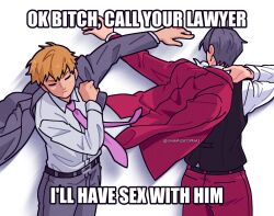 Rule 34 | 2boys, ace attorney, black vest, brown hair, closed eyes, closed mouth, commentary, english commentary, english text, grey hair, grey jacket, grey pants, highres, impact (font), implied yaoi, jacket, long sleeves, male focus, miles edgeworth, mob psycho 100, multiple boys, necktie, pants, pink necktie, red jacket, red pants, reigen arataka, shirt, simple background, twitter username, unamusedyams, vest, white background, white shirt