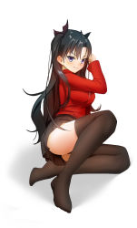 Rule 34 | 1girl, absurdres, black bow, black hair, black panties, black skirt, black thighhighs, blue eyes, blush, bow, breasts, closed mouth, fate/stay night, fate (series), hair between eyes, hair bow, highres, large breasts, long hair, long sleeves, looking at viewer, miniskirt, panties, pantyshot, pleated skirt, red shirt, samizu (tupy8752), shirt, simple background, sitting, skirt, smile, solo, thighhighs, tohsaka rin, twintails, underwear, very long hair, white background