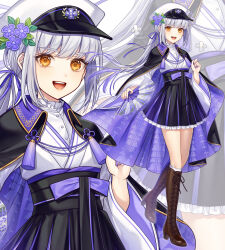 Rule 34 | 1girl, :d, black cape, black skirt, boots, brown footwear, cape, commentary request, cross-laced footwear, flower, folding fan, grey hair, hand fan, hat, high heel boots, high heels, highres, holding, holding fan, iriam, japanese clothes, karokuchitose, kimono, knee boots, kneehighs, lace-up boots, long hair, long sleeves, looking at viewer, low ponytail, nail polish, official art, open mouth, orange eyes, peaked cap, pleated skirt, ponytail, purple flower, purple nails, shirt, skirt, smile, socks, solo, standing, standing on one leg, very long hair, virtual youtuber, white hat, white kimono, white shirt, white socks, wide sleeves, zoom layer