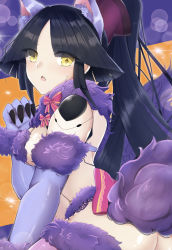 Rule 34 | 1girl, absurdres, android, animal ears, ass, bare shoulders, black hair, bow, breasts, cleavage, cosplay, elbow gloves, fate/grand order, fate (series), fur-trimmed gloves, fur-trimmed legwear, fur collar, fur trim, gloves, highres, joints, katou danzou (fate), lace trim, large breasts, long hair, looking at viewer, mash kyrielight, mash kyrielight (dangerous beast), mash kyrielight (dangerous beast) (cosplay), moyashi (pixiv44153669), navel, o-ring, official alternate costume, open mouth, parted bangs, pink bow, ponytail, purple gloves, purple legwear, revealing clothes, robot joints, sidelocks, solo, tail, thighs, wolf ears, wolf tail, yellow eyes