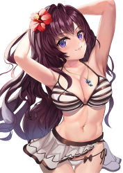 Rule 34 | 1girl, absurdres, armpits, arms behind head, arms up, bad id, bad pixiv id, bikini, blush, breasts, cleavage, closed mouth, collarbone, cowboy shot, flower, grey skirt, hibiscus, highres, ichinose shiki, idolmaster, idolmaster cinderella girls, jewelry, large breasts, long hair, miniskirt, navel, necklace, pendant, purple eyes, purple hair, red flower, simple background, skirt, smug, solaris (sinhyg), solo, stomach, striped bikini, striped clothes, swimsuit, thigh gap, very long hair, white background, white bikini