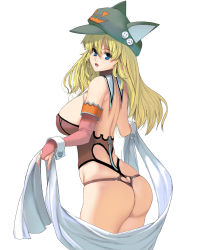 Rule 34 | 1girl, animal hat, areola slip, ass, ass cutout, back, bare shoulders, blonde hair, blue eyes, breasts, bridal gauntlets, butt crack, cabbie hat, clothing cutout, covered erect nipples, elbow gloves, g-string, gloves, hat, heart cutout, kouno (masao), large breasts, long hair, looking at viewer, looking back, open mouth, original, panties, pink gloves, smile, solo, standing, thong, towel, underwear, white background, wrist cuffs