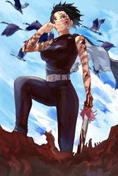 Rule 34 | 1girl, belt, bird, blood, blood on face, blue sky, breasts, burn scar, cloud, cloudy sky, goose, highres, holding, holding sword, holding weapon, jujutsu kaisen, looking to the side, medium breasts, scar, scar on arm, scar on face, short hair, sky, sleeveless, sokora hen, solo, sword, weapon, zen&#039;in maki