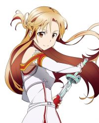 Rule 34 | 10s, 1girl, armor, asuna (sao), breastplate, brown eyes, brown hair, detached sleeves, dress, floating hair, from side, holding, holding sword, holding weapon, long hair, looking at viewer, sheath, simple background, smile, solo, standing, sword, sword art online, unsheathing, upper body, very long hair, weapon, white background, white dress