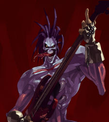 Rule 34 | 1boy, black sclera, blue hair, blue skin, capcom, colored sclera, colored skin, electric guitar, fingerless gloves, gloves, glowing, glowing eyes, guitar, highres, instrument, long tongue, male focus, middle finger, muscular, shihou (g-o-s), topless male, solo, spiked hair, teeth, tongue, tongue out, vampire (game), yellow eyes, zabel zarock, zipper, zombie