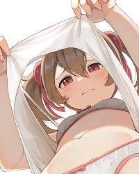 Rule 34 | 1girl, bow, bow bra, bow panties, bra, breasts, brown hair, closed mouth, embarrassed, female focus, from below, frown, hair between eyes, hair ribbon, hiroki (yyqw7151), long hair, looking at viewer, looking down, midriff, navel, panties, raised eyebrows, red eyes, red ribbon, ribbon, see-through, see-through silhouette, short hair, silica, simple background, small breasts, solo, sword art online, tank top, twintails, underwear, upshirt, wavy mouth, white background, white bra, white panties, white tank top
