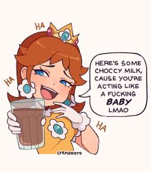 Rule 34 | 1girl, blue eyes, brown hair, chocolate milk, cremanata, crown, cup, dress, drinking glass, earrings, english text, freckles, gloves, highres, holding, holding cup, jewelry, looking at viewer, mario (series), medium hair, nintendo, open mouth, princess daisy, profanity, simple background, sound effects, speech bubble, super mario land, white background, white gloves, yellow dress