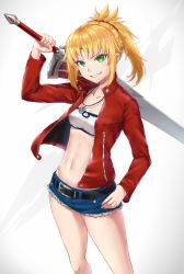 Rule 34 | 1girl, arm up, belt, blonde hair, blue shorts, bra, breasts, clarent (fate), cleavage, fate/apocrypha, fate (series), green eyes, grin, hair ornament, hair scrunchie, hand on own hip, head tilt, high ponytail, highres, holding, holding sword, holding weapon, jacket, jewelry, jirofly, long hair, looking at viewer, midriff, mordred (fate), mordred (fate/apocrypha), mordred (memories at trifas) (fate), navel, necklace, ocean, open clothes, open jacket, red jacket, scrunchie, short shorts, shorts, small breasts, smile, solo, standing, stomach, sword, torn clothes, torn shorts, underwear, weapon, white bra