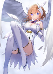 Rule 34 | 1girl, absurdres, arcanadea, blue eyes, boots, breasts, brown hair, cleavage, detached sleeves, dress, eyebrows visible through hat, feathers, floating, gloves, high heel boots, high heels, highres, lumitia, medium breasts, ringobatake, short hair, solo, thigh boots, white dress, white footwear, white gloves, wings