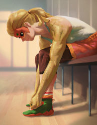 Rule 34 | 1girl, absurdres, alternate hairstyle, arms (game), artmigu, blonde hair, domino mask, green eyes, hair pulled back, highres, leggings, lips, mask, min min (arms), muscular, muscular female, no headwear, no headwear, ponytail, ribbon hair, shoes, short hair, shorts, sitting, solo, tank top, tying footwear, tying shoes