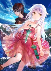 Rule 34 | 1boy, 1girl, ahoge, black eyes, black hair, blush, circle skirt, commentary request, copyright request, day, dress, forest, fuzichoco, hair between eyes, holding, holding weapon, knife, long hair, looking at viewer, nature, ocean, outdoors, red dress, red eyes, shoes, short hair, silver hair, sky, sleeveless, smile, textless version, weapon