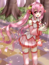 Rule 34 | 1girl, :d, detached sleeves, hair ornament, hatsune miku, highres, leaning forward, long hair, looking at viewer, necktie, open mouth, petals, pink hair, pink thighhighs, pleated skirt, red eyes, sakura miku, shade, skirt, smile, sogaya, solo, thighhighs, twintails, very long hair, vocaloid, wind, zettai ryouiki