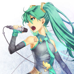 Rule 34 | 1girl, adapted costume, earrings, elbow gloves, fingerless gloves, gloves, green eyes, green hair, hatsune miku, jewelry, kunieda, matching hair/eyes, microphone, music, necktie, singing, solo, tattoo, twintails, vocaloid