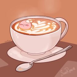 blush_stickers brown_background closed_eyes coffee_mug cup heart highres in_container in_cup kirby kirby_(series) latte_art mug nintendo no_humans plate signature smile solo spoon starroad