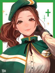 Rule 34 | 1girl, absurdres, artist name, beret, breasts, brown eyes, brown hair, capelet, closed mouth, earrings, eyelashes, gloves, green capelet, green hat, hair intakes, hat, highres, jewelry, large breasts, long hair, looking at viewer, original, pink lips, ponytail, shirt, shitappa0120, solo, white shirt